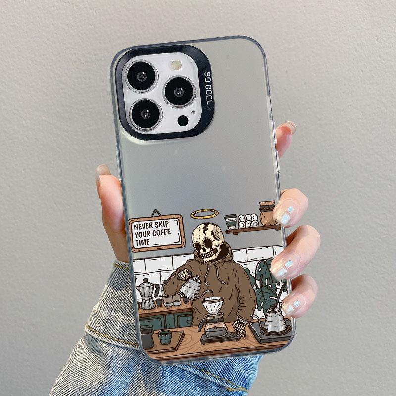 Чехол-скелет для телефона с мультяшным дизайном, кофейня, для iPhone 15 14 13 12 11 Mini Pro Max 16 Pro Max Plus 15 14 Plus, противоударная лазерная крышка