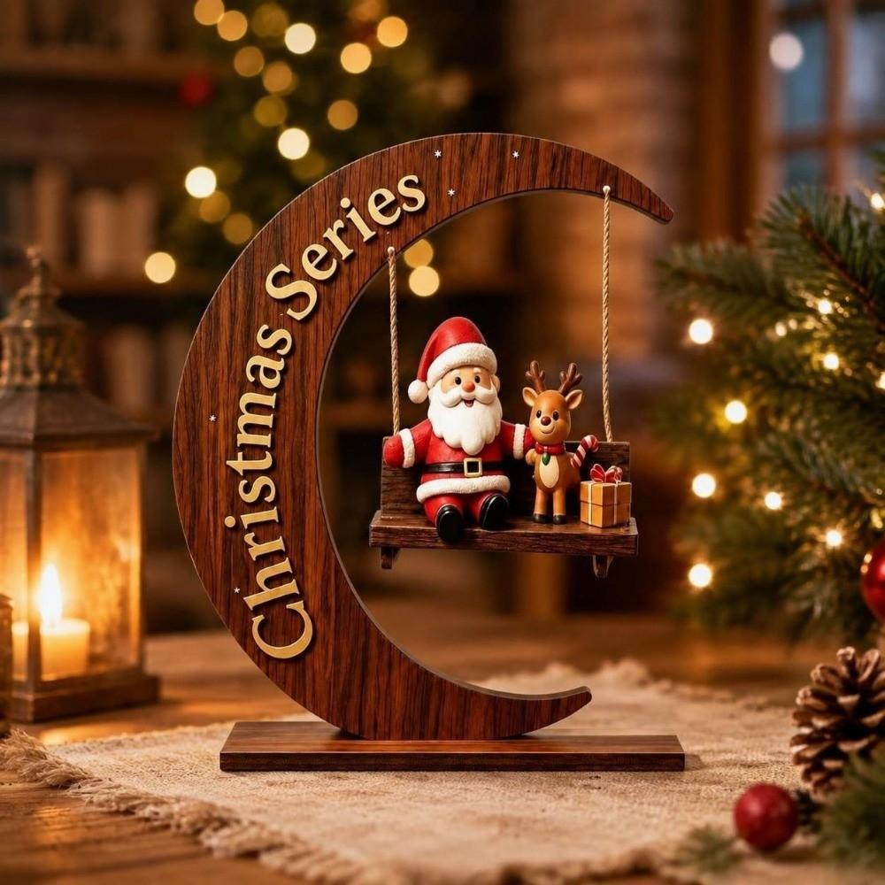 Wooden Christmas Ornaments Moon Shape Swing Santa Claus Decoration Christmas Decoration Holiday