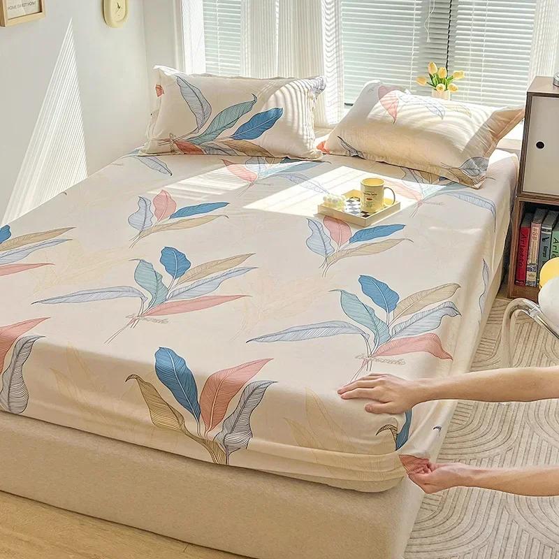 Зеленый клетчатый узор Набор простыней на резинке Любовь Сердце Защитный чехол для матраса 3 предмета Хлопковый постельный комплект Дышащий, приятный для кожи