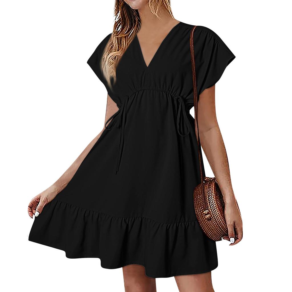 Women's Dresses Short Sleeve V Neck Drawstring Casual Ruffled A Line Babydoll Dress
