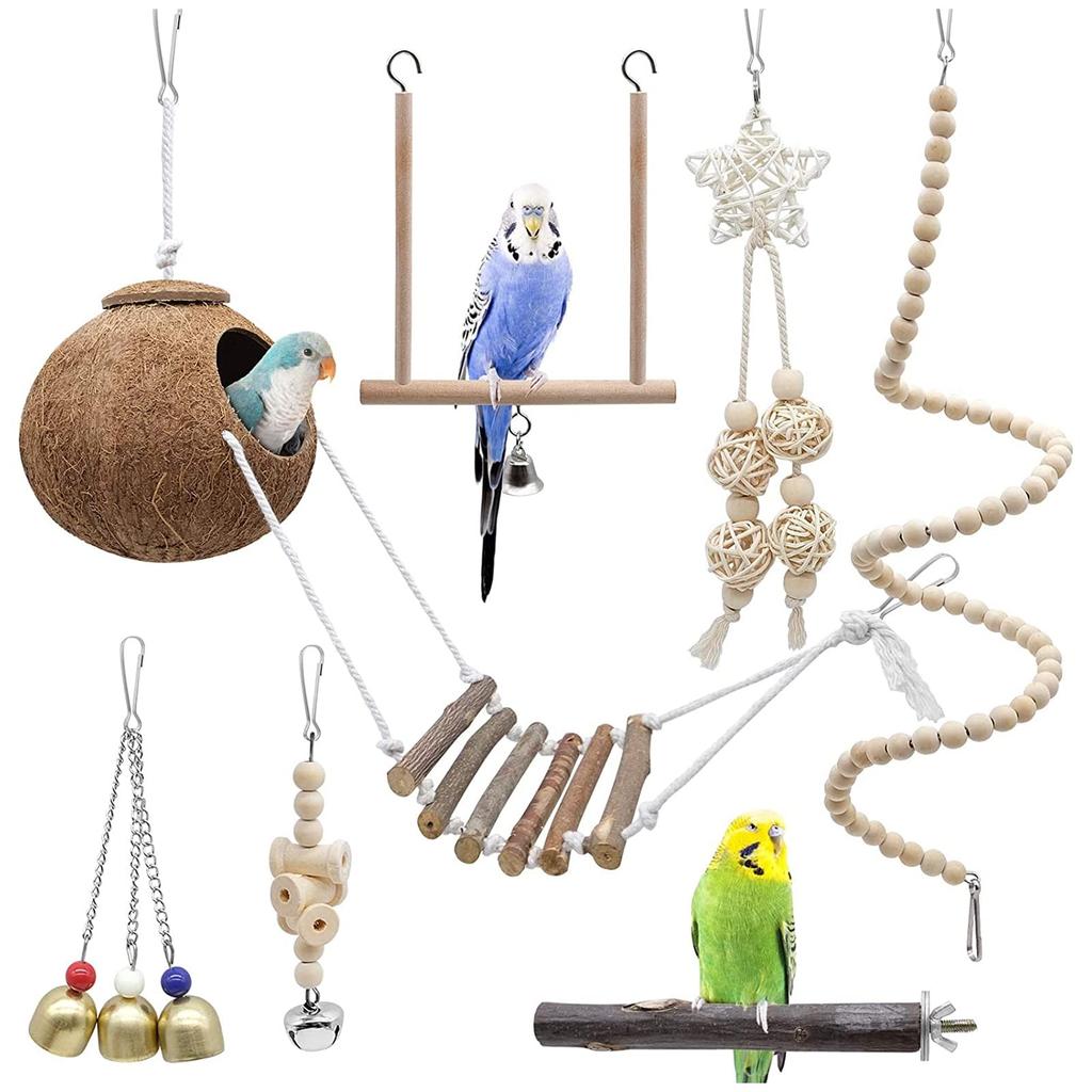 Игрушки для попугаев Набор из 7 игрушек из натурального дерева Жердочка для птиц, Дерево для лазания, Качели, Подвесная жевательная игрушка, Кокосовый домик, Игрушка для птиц, Площадка для волнистых попугайчиков, Снятие стресса