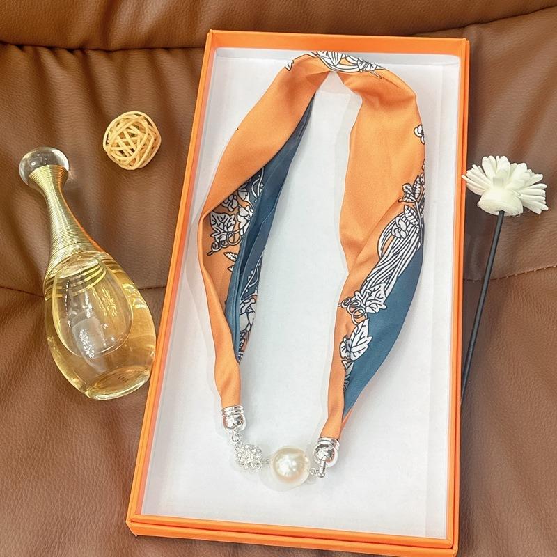 Silk Scarf Women's Spring, Autumn and Summer New Fashion Neck Protection Decoration Long Necklace Type Magnetic Buckle Scarf Small Scarf