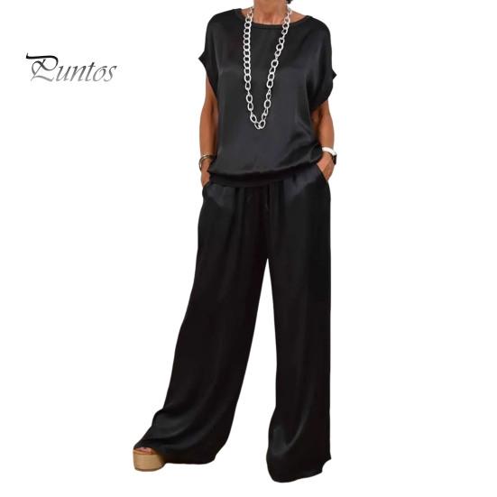 Комплект из 2 предметов: женский топ и брюки, атласная блузка с круглым вырезом и короткими рукавами, широкие брюки с эластичной резинкой на талии и карманами, повседневный свободный наряд для отдыха