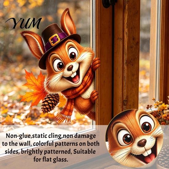 Removable Holiday Window Art Thanksgiving Sticker, Static Cling Fall Decal, Electrostatic Glass Stickers Cute Animal Sticker for Autumn Decoration
