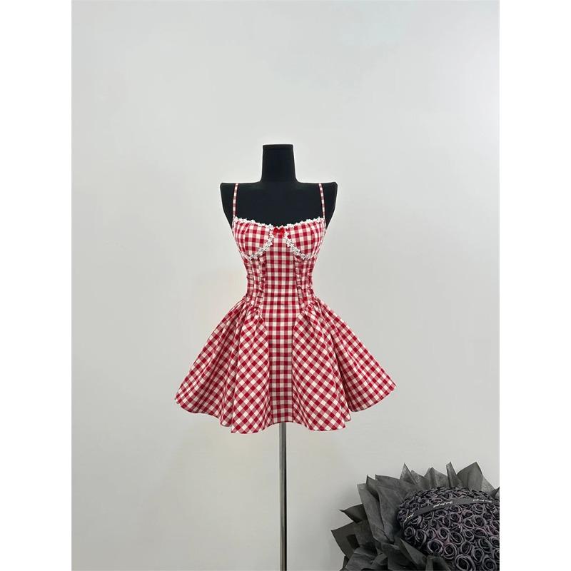 Summer French Prom Gown Ballet Core Mini Plaid Dress Women Gyaru Coquette 2000s Aesthetic Evening Frocks Party Fairy One-Piece