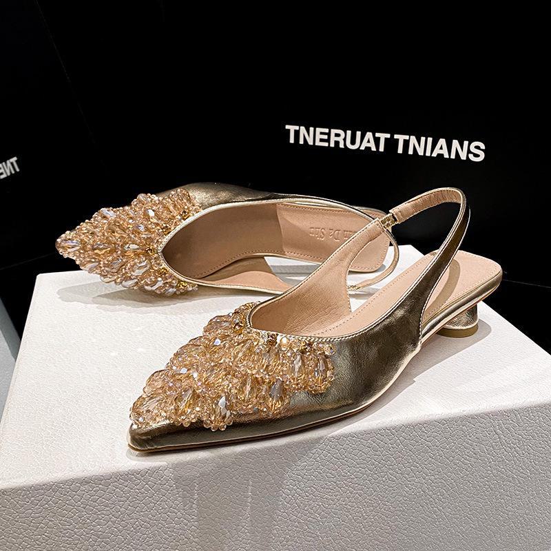 Женские босоножки с закрытым каблуком и острым носком, украшенные французскими стразами, 2024 г., большие размеры 41-43