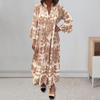 Women Maxi Dress V Neck Floral Printed Pleated Ruffle Patchwork Hem Loow Waist Horn Sleeves Single-breasted Daily Commuting Long Dress