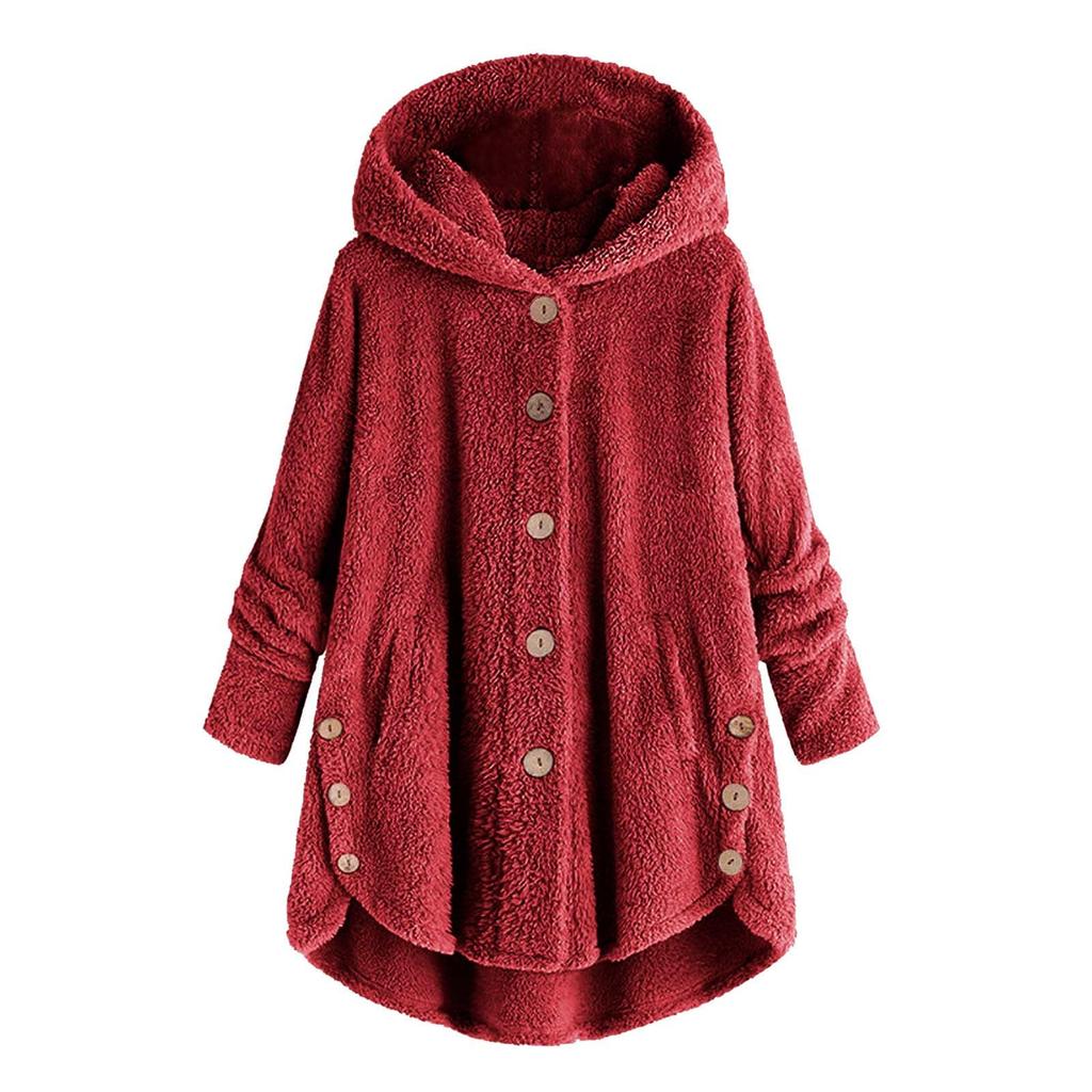 Women's Fashion Solid Color Pocket Button Hooded Loose Casual Plush Jacket