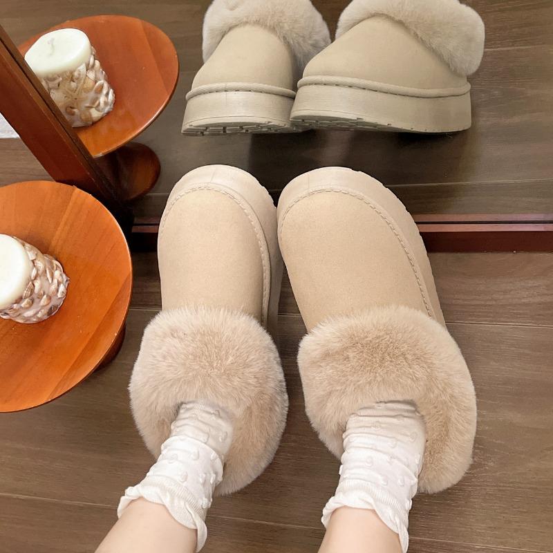 Модные роскошные женские зимние сапоги на толстой подошве с высоким каблуком, короткие меховые туфли для женщин, зимняя домашняя обувь из хлопка, замшевые тапочки без застежек