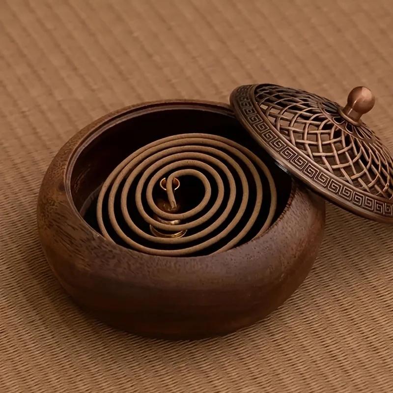 1pcs South American Walnut Retro Solid Wood Round Incense Burner, High-end Atmospheric Home Indoor Incense Burner