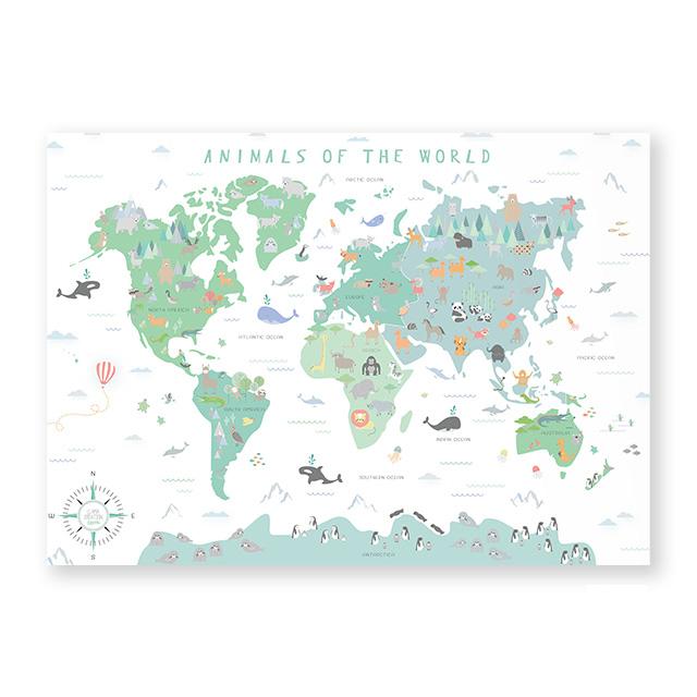 Скандинавские детские постеры и принты, карта мира с животными, холст, живопись, акварель, мультяшная настенная художественная картина для детской спальни, декор