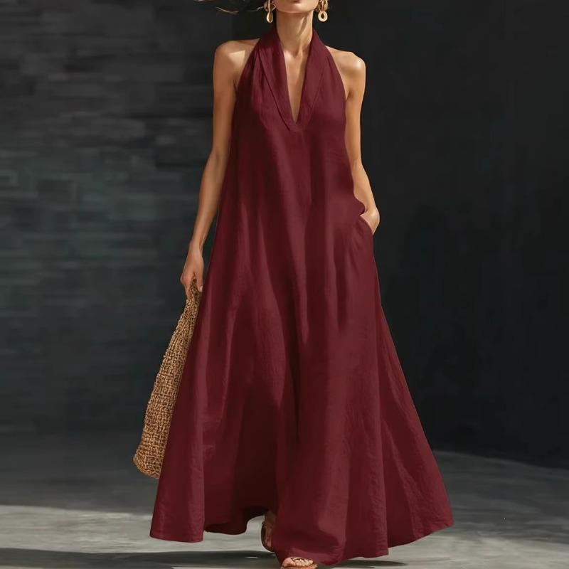 Elegant V Neck Loose Dresses Summer Women's 2026 New Neck-Hanging Long Holiday Party A-line Dress Women Street Chic Youth Loose Fashion Dress