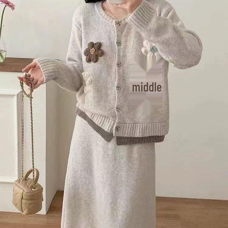 Комплект свитера и юбки с 3D вышивкой в виде цветов - Женский осенне-зимний корейский стиль, свободный крой, универсальный, средней длины, костюм из двух предметов.