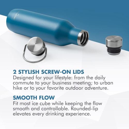 GRANDTIES Traveler Bottle, 620ml, available in six colors (Cobalt Blue), with two lids. This stainless steel bottle features a double-walled vacuum in