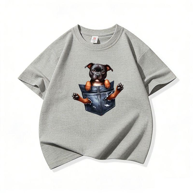 Kids Cotton T Shirt Adorable Pocket Staffordshire Dog Pattern Print Crew Neck Short Sleeve Tee Casual Boys Girls Summer Tops