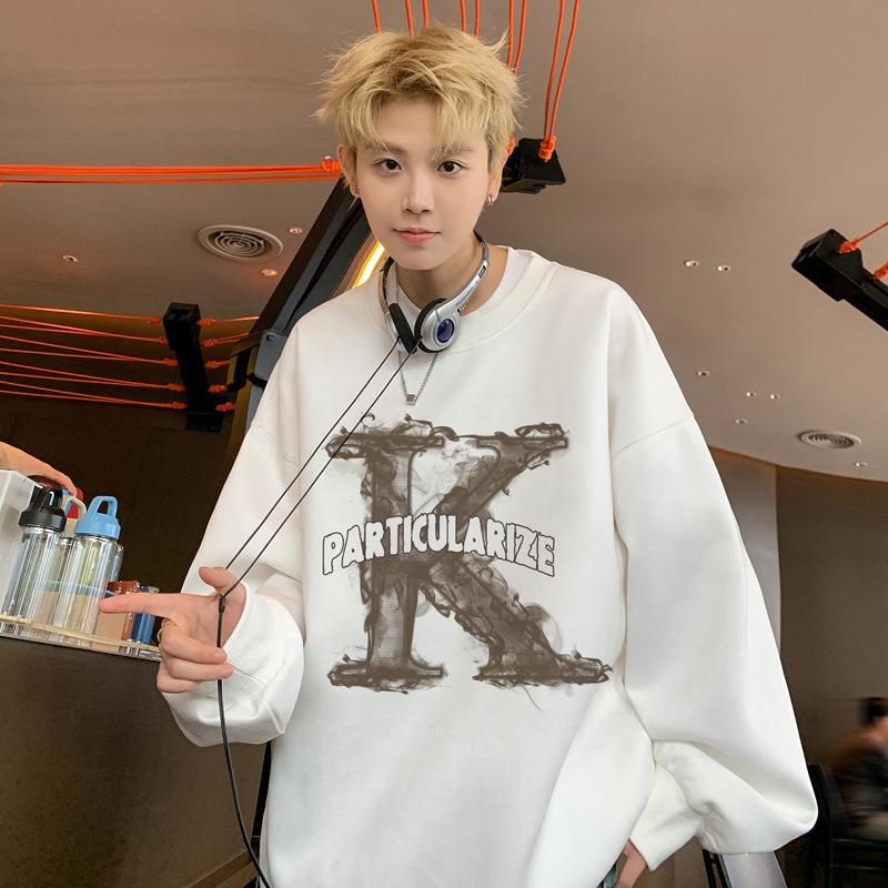 Свитер мужской весна-осень свободный большой размер мужская нижняя рубашка трендовая принтованная куртка с длинным рукавом