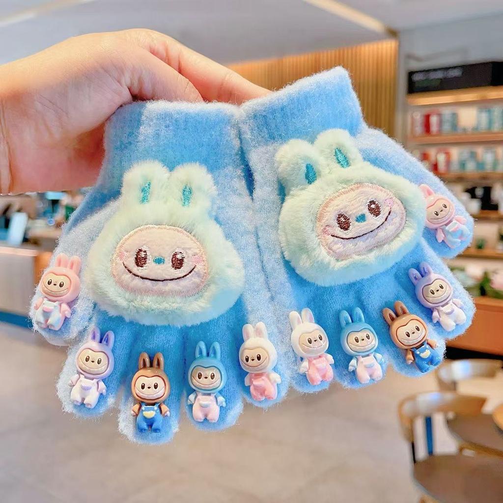 Plush Children's Five-Finger Gloves with Cute Animal Characters for Autumn and Winter