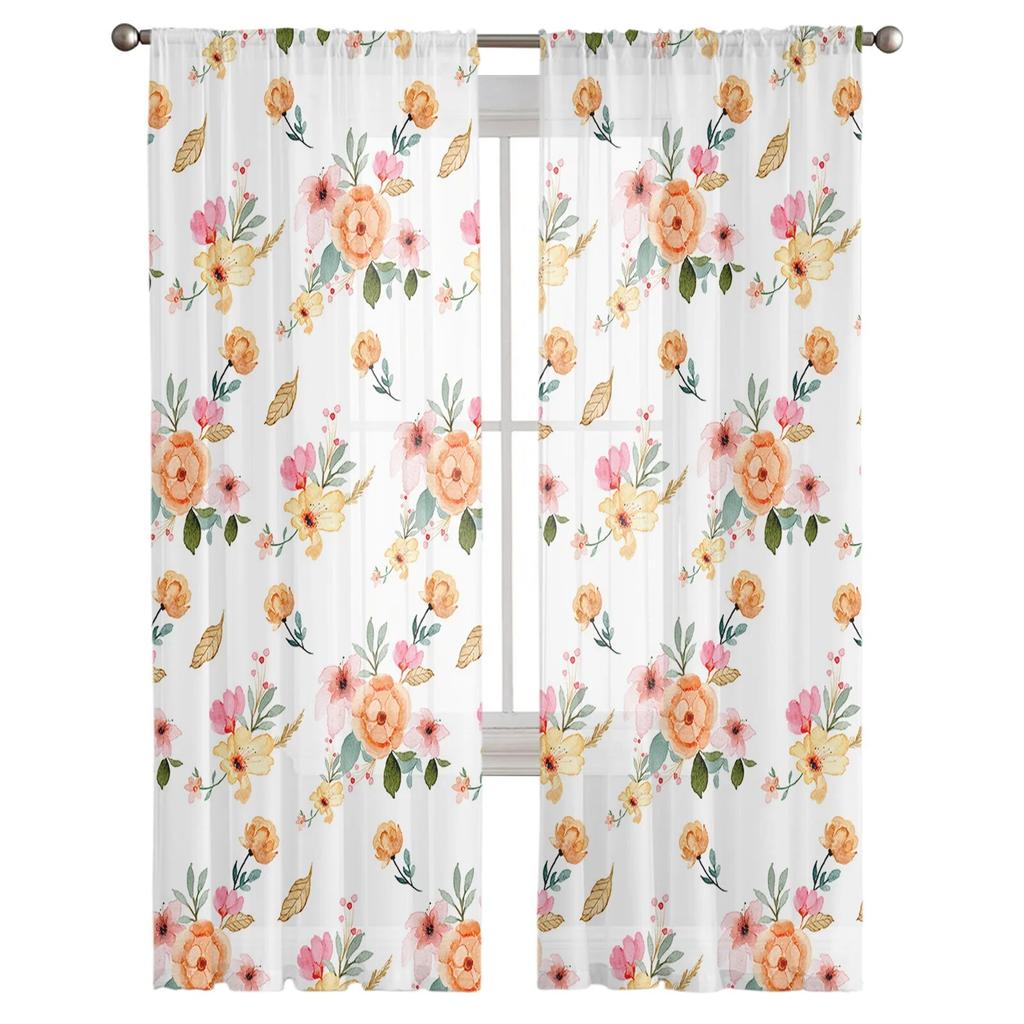 Summer Flowers Plants Green Leaves Watercolor Tulle Voile Curtains for Bedroom Living Room Window Curtain Sheer Organza Drapes