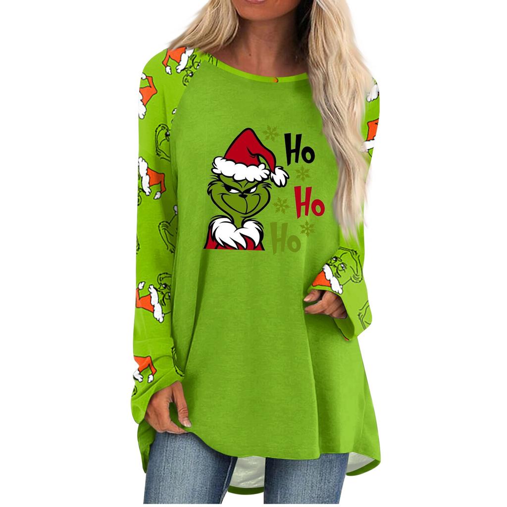 Женская мода, повседневная блузка с длинным рукавом и рождественским принтом, пуловер с круглым вырезом