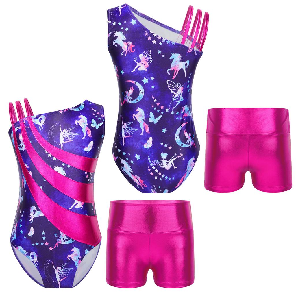 Детские гимнастические купальники без рукавов с асимметричными бретелями и шортами для девочек, спортивные танцевальные велосипедки