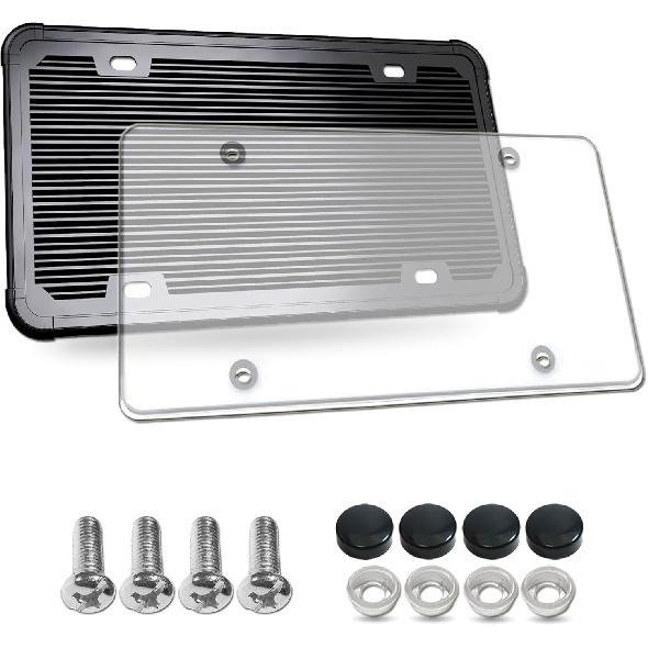 Silicone License Plate Frame With Cover Combo- Flat Clear License Plate Shield And Rustproof Black Car Tag Holder, 1 Set Unbreakable Transparent