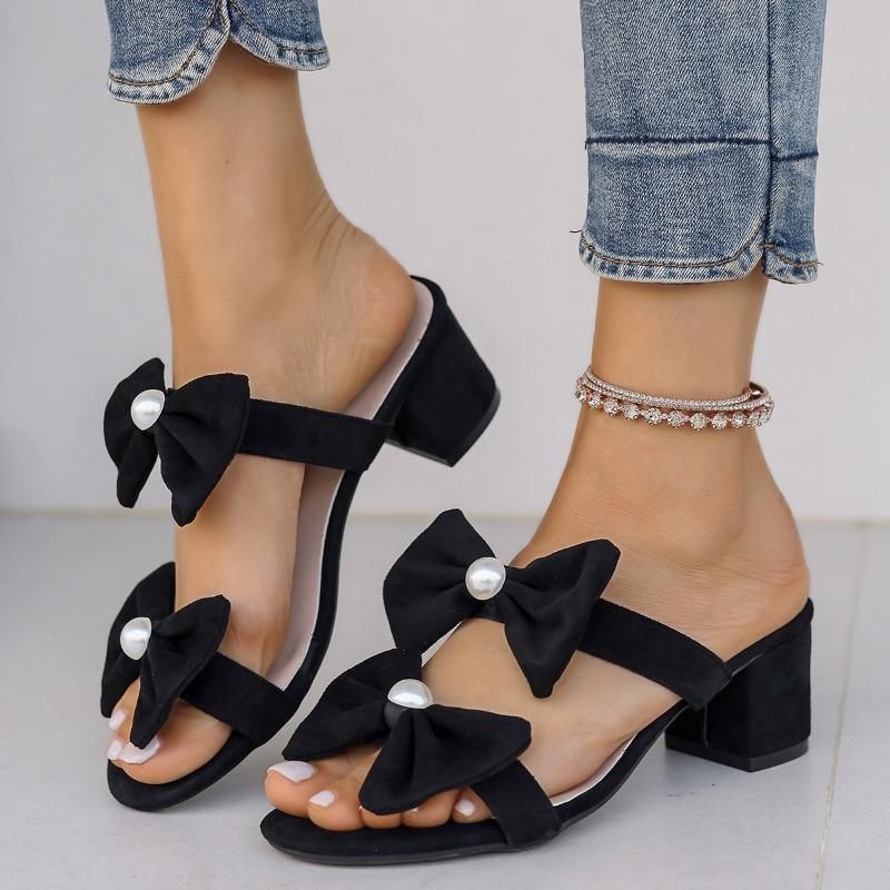 Fashion Summer New Style Thick Heel Sandals Women Fashion Square Head Open Toe Butterfly Knot Anti-slip Wear Slippers