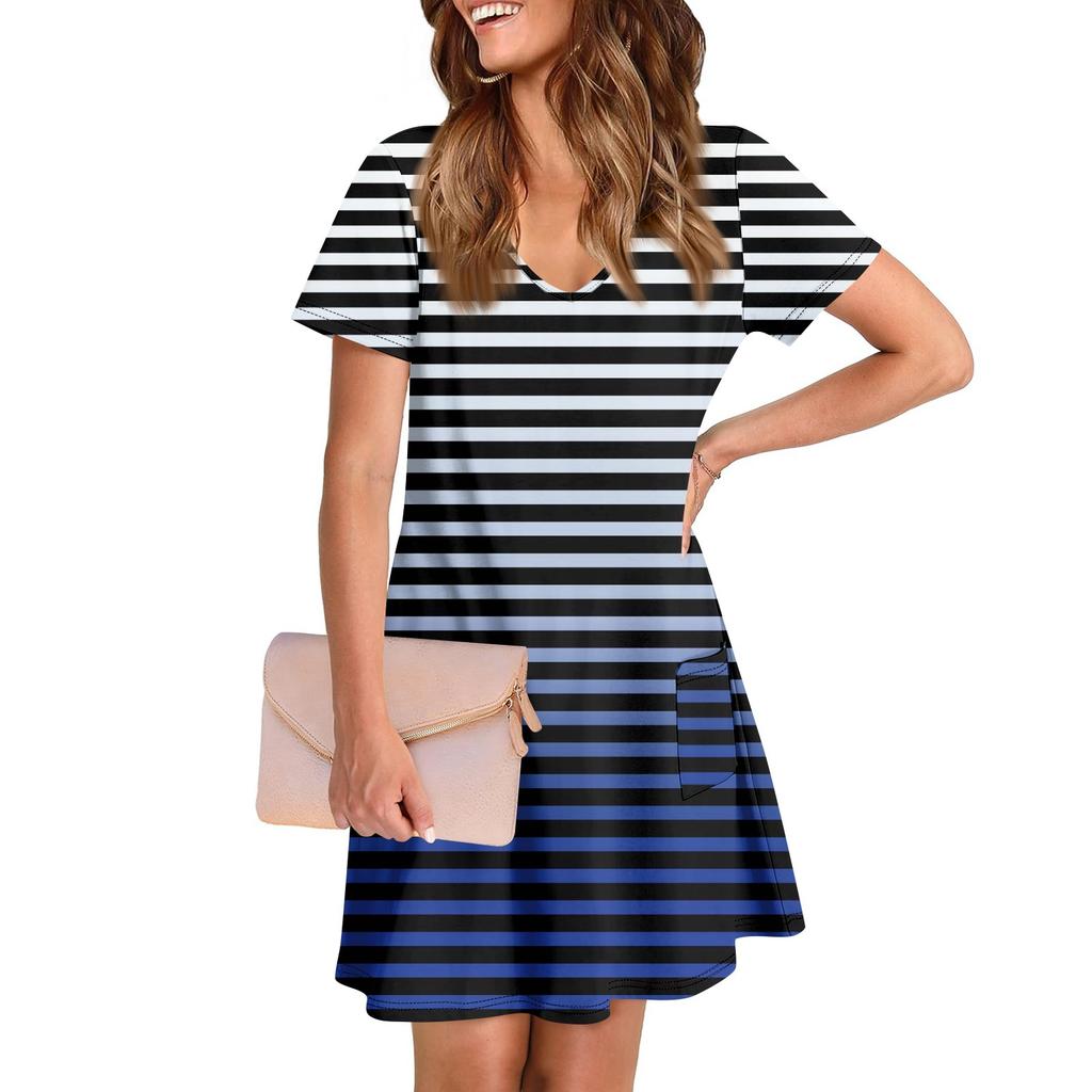 Женское повседневное и модное платье средней длины с V-образным вырезом и короткими рукавами с принтом