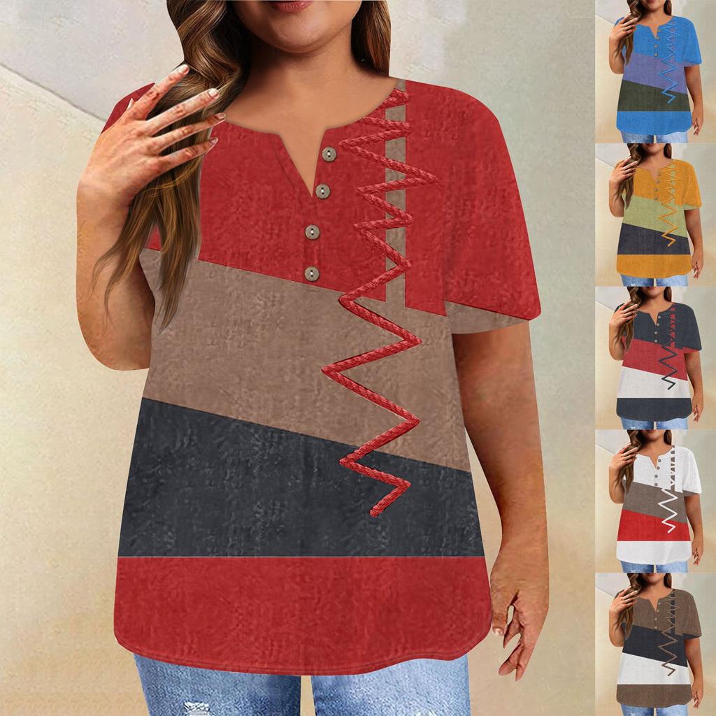 Fashion Short Sleeve Shirt Round Neck Plus Size T-Shirt Geometric Splicing Printed Casual Tops For Women