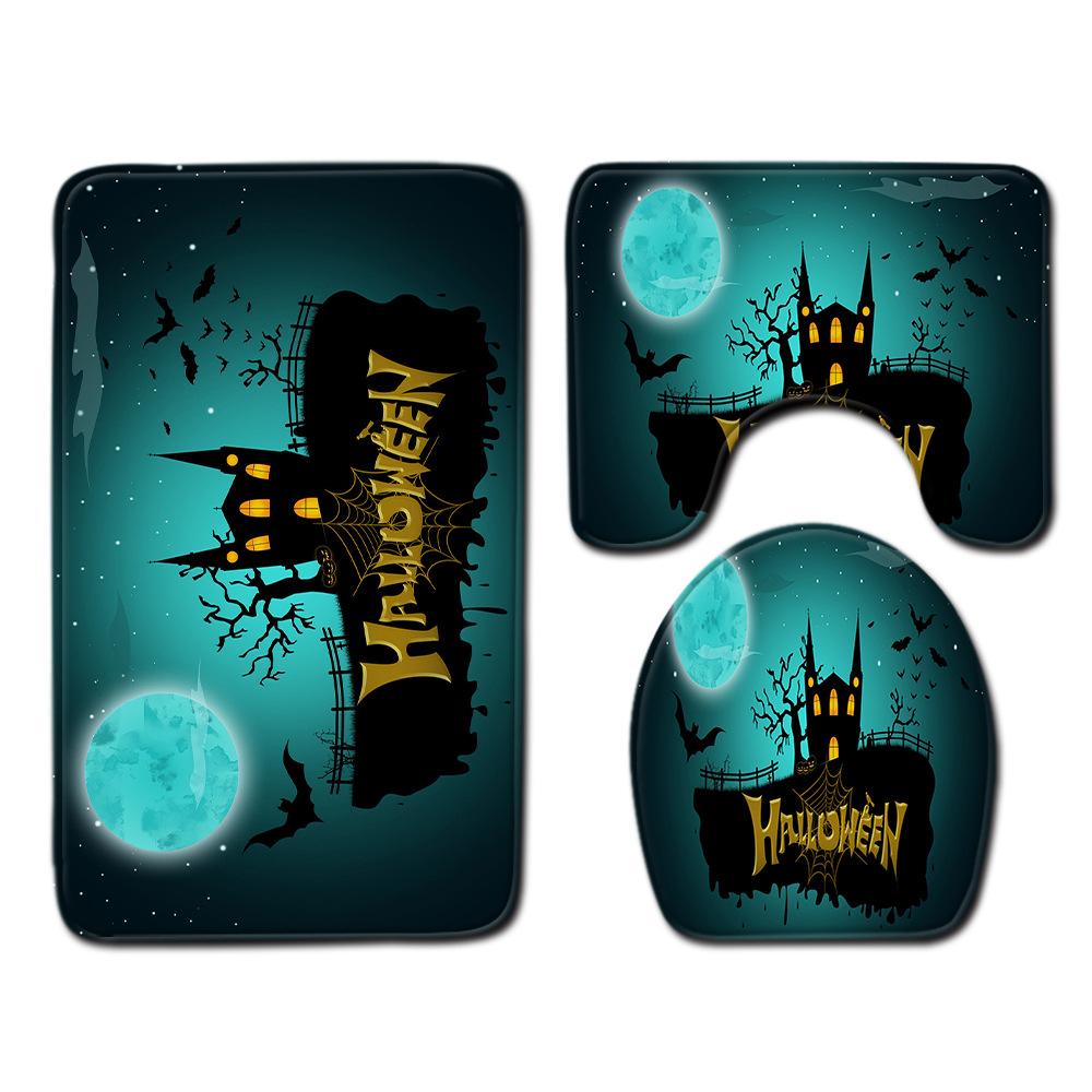 Halloween Shower Curtain Floor Mat Combination Four-Piece Set Bathroom Toilet Carpet Shower Room Foot Mat