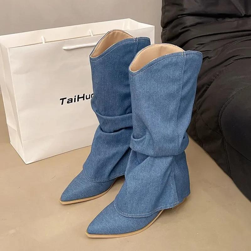 Fashion Luxury Designer Brand Pointed Cowboy Single Boots Women's Four Seasons Sleeve Non-Slip Wear-Resistant Square Heel Mid-Cone Boot