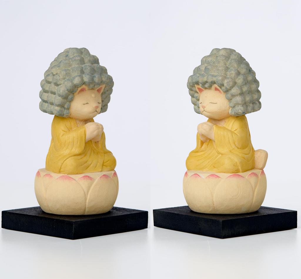 Cat Buddha Five Kalpa Contemplation Amida Original Sculptor and Butsuya Sakai Wooden Carving Buddha Statue Lucky Feng Shui Ornament Buddha,