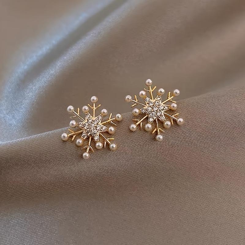Exquisite Sparkling Zircon Imitation Pearl Snowflake Earrings for Women, Suitable for Women's Daily Party Zircon Gifts