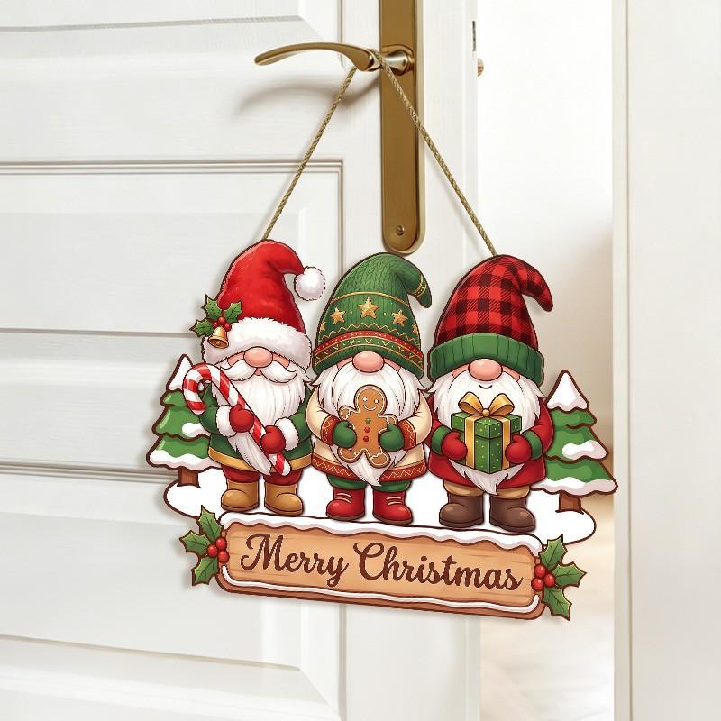 Wooden Christmas Gnome Hanging Sign, Merry Christmas Door Hanger, Xmas Gnome Wall Plaque for Home Porch Decor