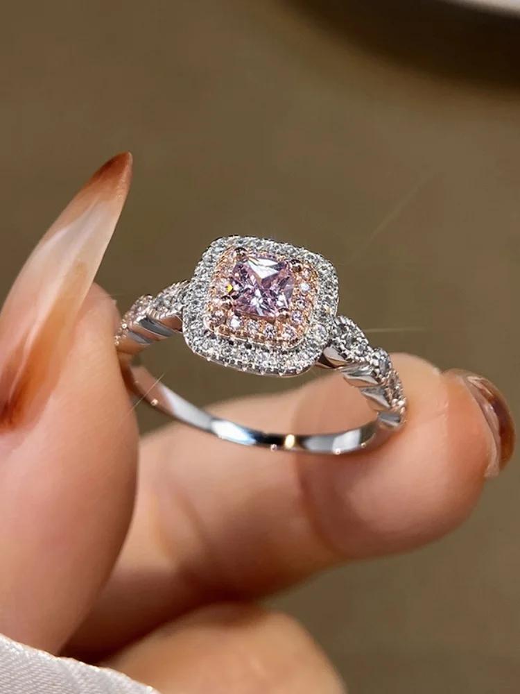 925 Sterling Silver Geometric Four Claw Square Fashion Pink Ring For Women Engagement Wedding Luxury High Quality Fine Jewelry