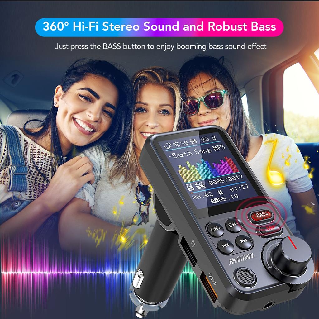 1,8-дюймовый беспроводной автомобильный Bluetooth FM-передатчик Aux поддерживает зарядку QC3.0 с высокими и низкими частотами, музыкальный плеер