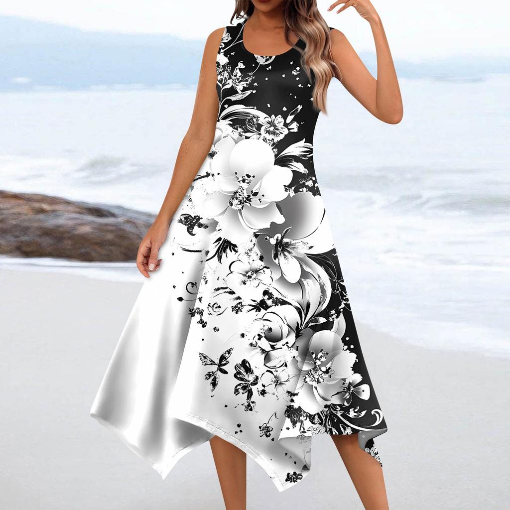 Женское повседневное модное платье миди без рукавов с круглым вырезом и цветочным принтом, нерегулярный подол