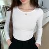 European Solid Color Slim Long-sleeved T-shirt Women's Short High-waisted Low Round Neck Bottoming Shirt In Spring and Autumn with Fishbone Top