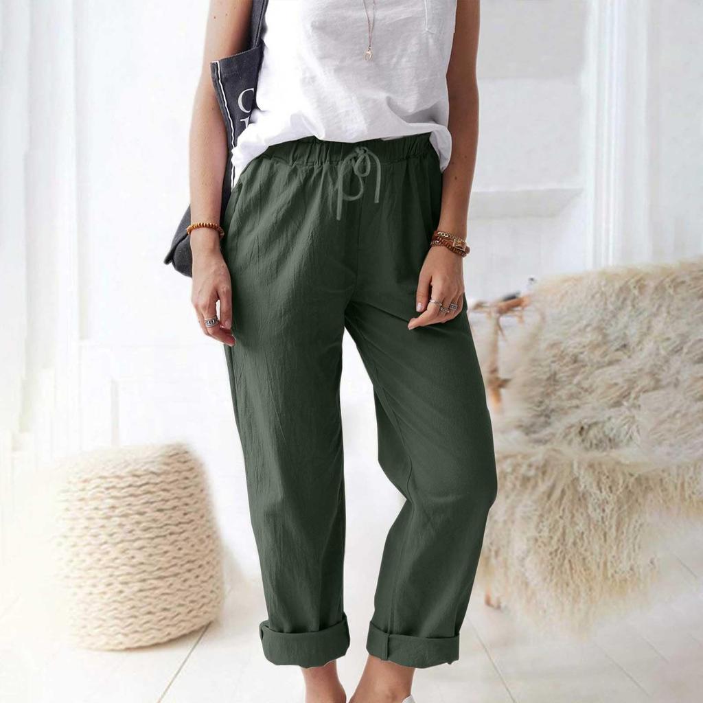 Women's Pants, Casual Solid Color Pocket Pants Elastic Waist Loose Straight Leg Pants