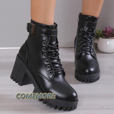 Женские ботильоны на высоком каблуке 2024, черные короткие ботинки на платформе из искусственной кожи, женские ботильоны на толстом каблуке с боковой молнией в стиле панк, Botas De Mujer