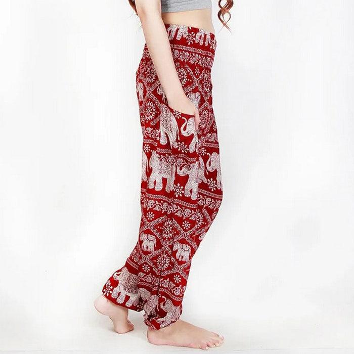 Hippie Chic, Lounge Pants, Elephant Print, One Size with Drawstring, Unisex Model. Red.