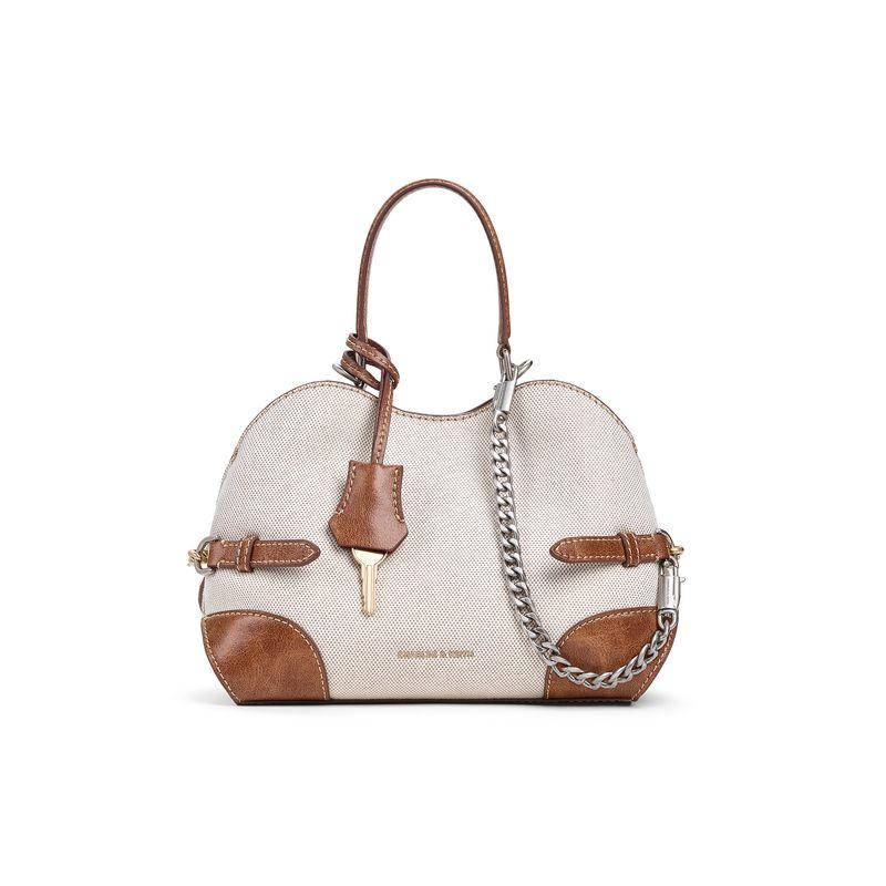 Charles & Keith Small CK 26 Summer Canvas Chain Tote Crossbody Bag PU Woven Fabric Handbag Small Women tote bags Beige Brown CK2-30271741-1