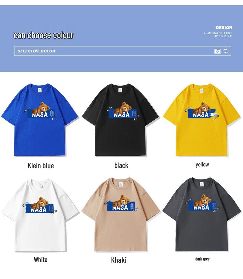 Men's NASA Co-branded Bear Print Crew Neck Cotton T-Shirt - Short Sleeve, Casual Streetwear, Plus Size Available