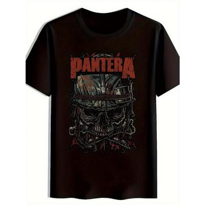 Европейский размер Мужская черная футболка Pantera с графическим принтом Оверсайз Смелый дизайн с черепом и шестернями Короткий рукав Круглый вырез Комфорт на все сезоны Машинная стирка Повседневная