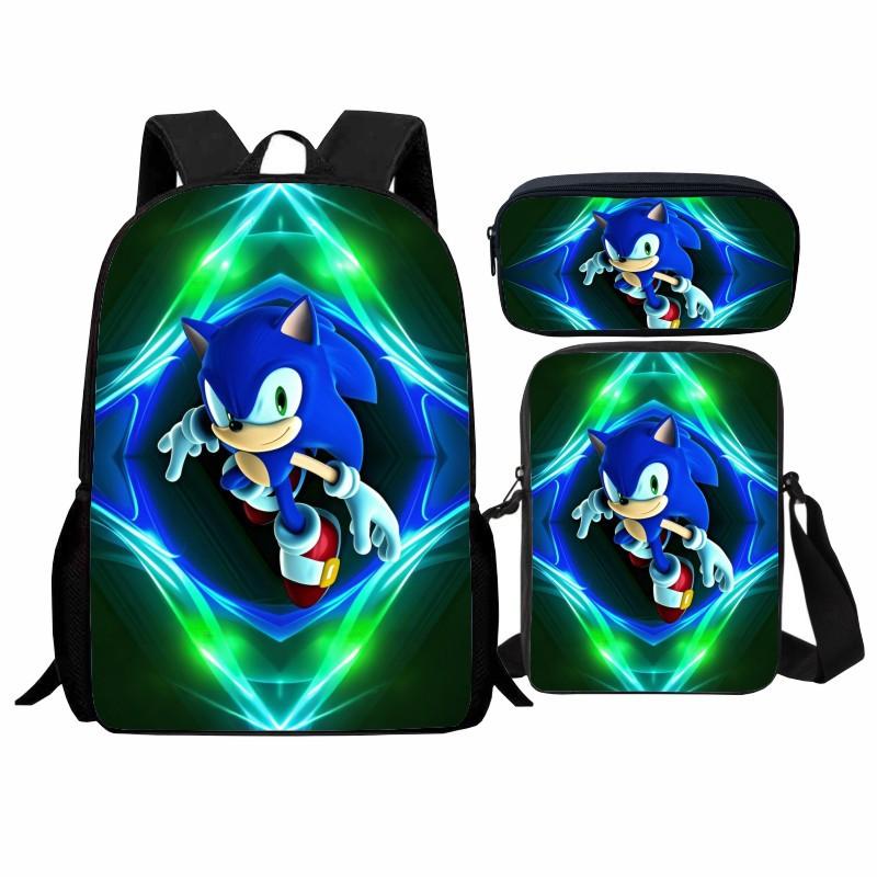 Printed Sonic Student School Bag Three-piece Set, Casual Sonic Backpack Crossbody Bag Pencil Bag Men and Women