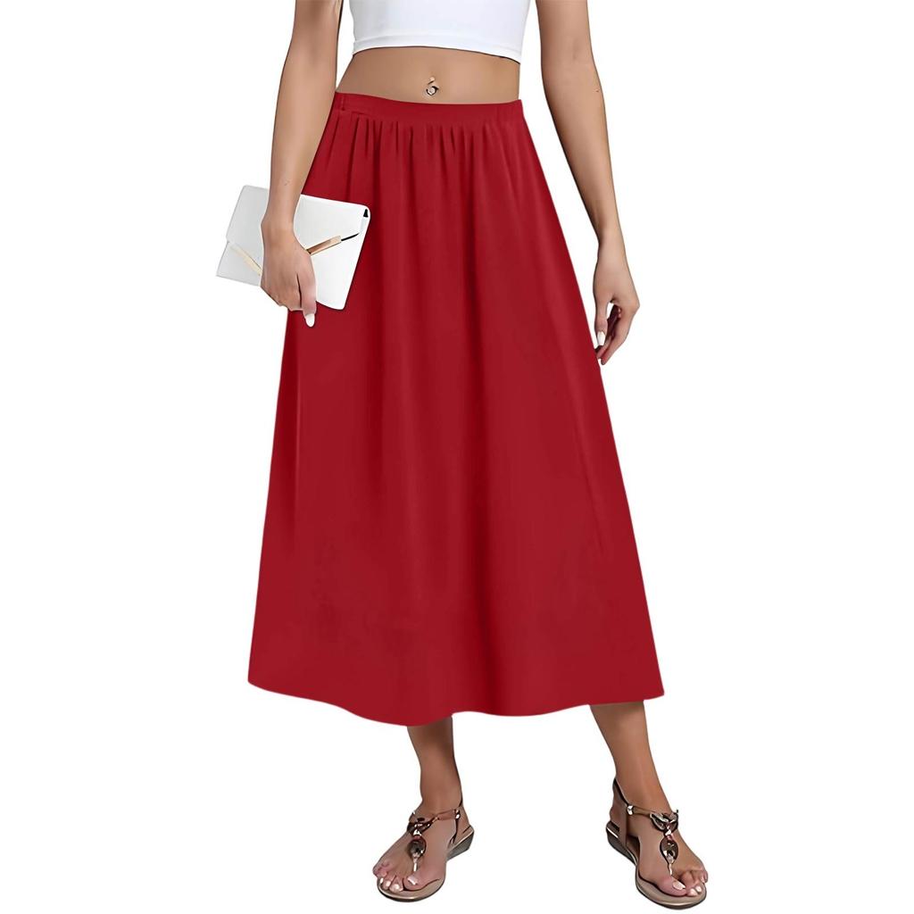 Women's Casual Fashion Solid Colour Big Hem Skirt Elasticated Loose Pockets Pleated Half-body Skirt (With Side Pockets)