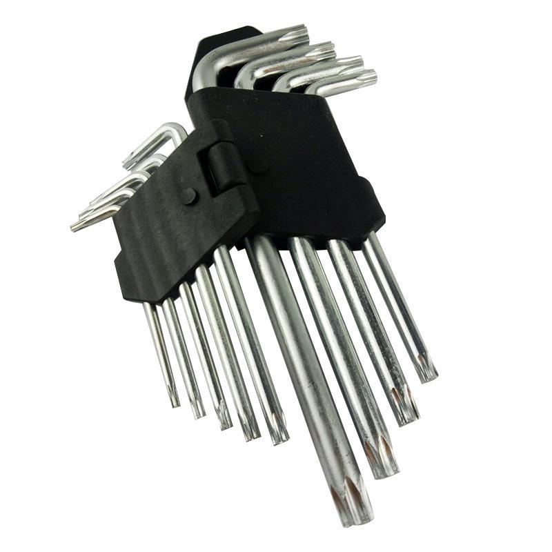 В наличии набор из 9 шестигранных ключей: Плоская и шаровая головка Torx, Углеродистая сталь, Оцинкованная