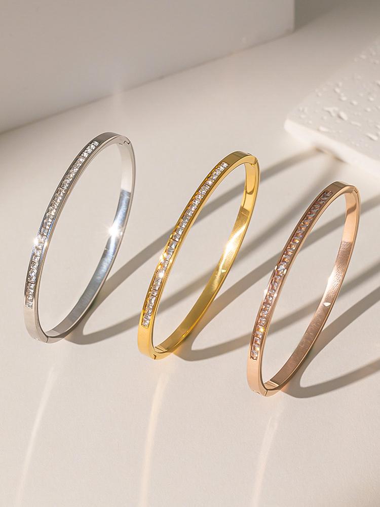 Stainless Steel Simple Shiny Zircon Line Bangle for Women Fashion Sweet Bracelets Jewelry Accessories Gifts for Friends Lover