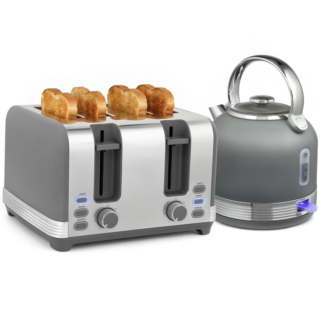 Stainless Steel Kettle and Toaster Set 1.7L 3000W Grey