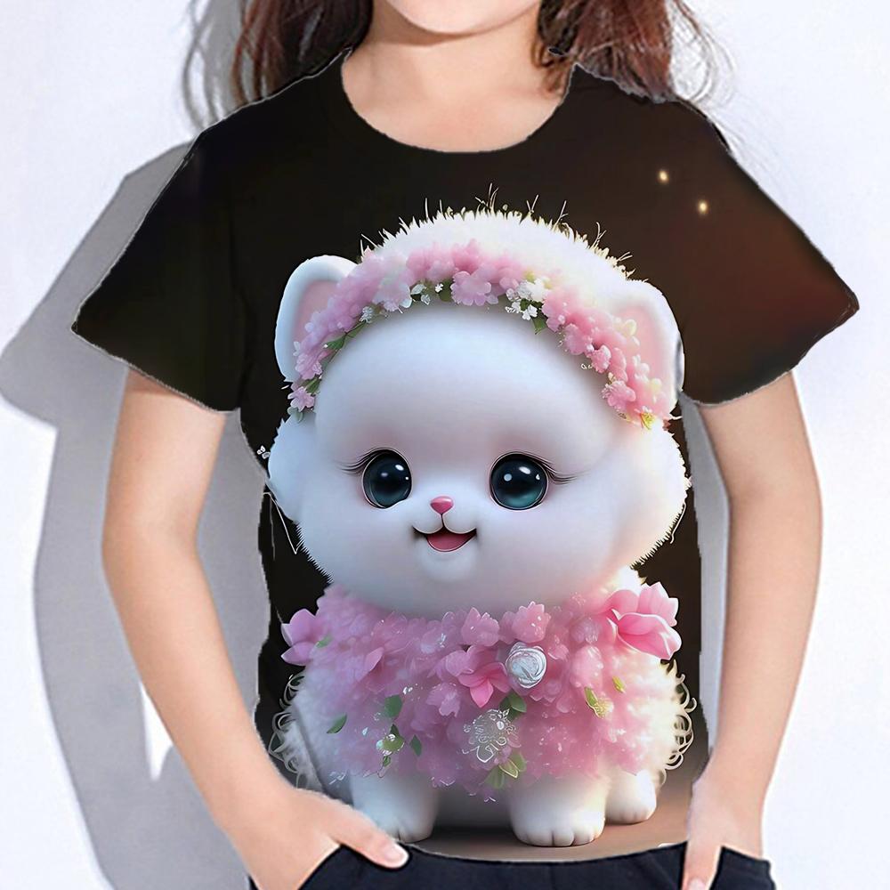 2025 Детская одежда Принт Одежда для девочек Модная блузка Kawaii Футболка Детская одежда Полиэстер Девушка Футболка с коротким рукавом
