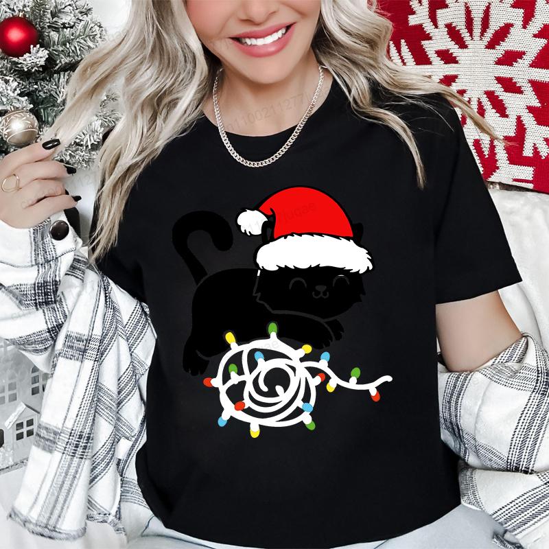 Christmas Black Cat Printed T-shirt Men's and Women's Casual Short Sleeved T-shirt Christmas Travel Pattern Printed Top T-shirt Clothing